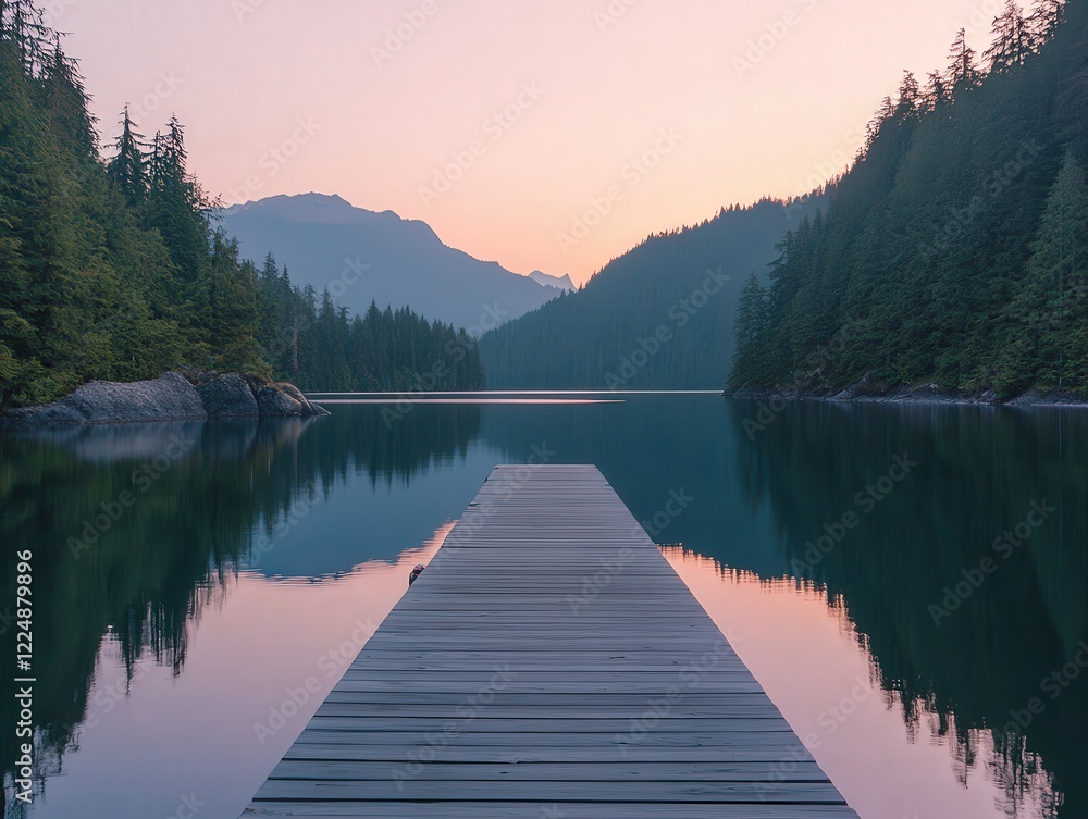 A serene dock stretching into a calm lake, surrounded by dense forest under a soft pink sunset. A serene dock stretching into a calm lake, surrounded by dense forest under a soft pink sunset.