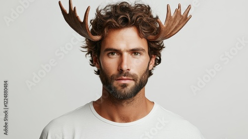 portrait of serious handsome man in white t-shirt with moose antlers on head on white background