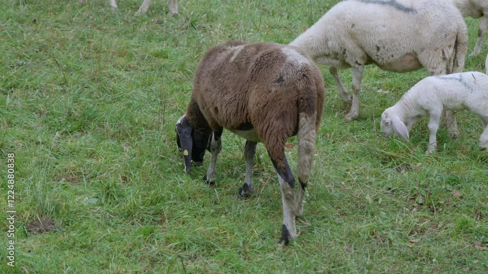 Herd of sheep grazing in a meadow on green grass. Cloudy autumn day Herd of sheep grazing in a meadow on green grass. Cloudy autumn day