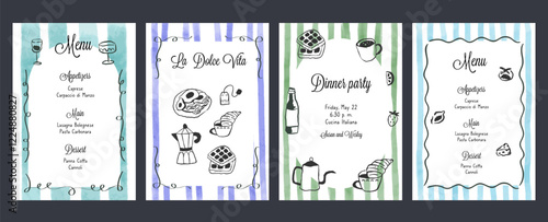 Hand draw la dolce vita breakfast doodles. Posters with food crayon drawing style. Minimalist line art. Flier for invitations, menus design