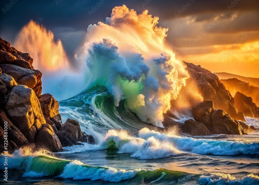 Naklejka premium Powerful Ocean Wave Crashing on Rocky Shore - Dramatic Nature Photography