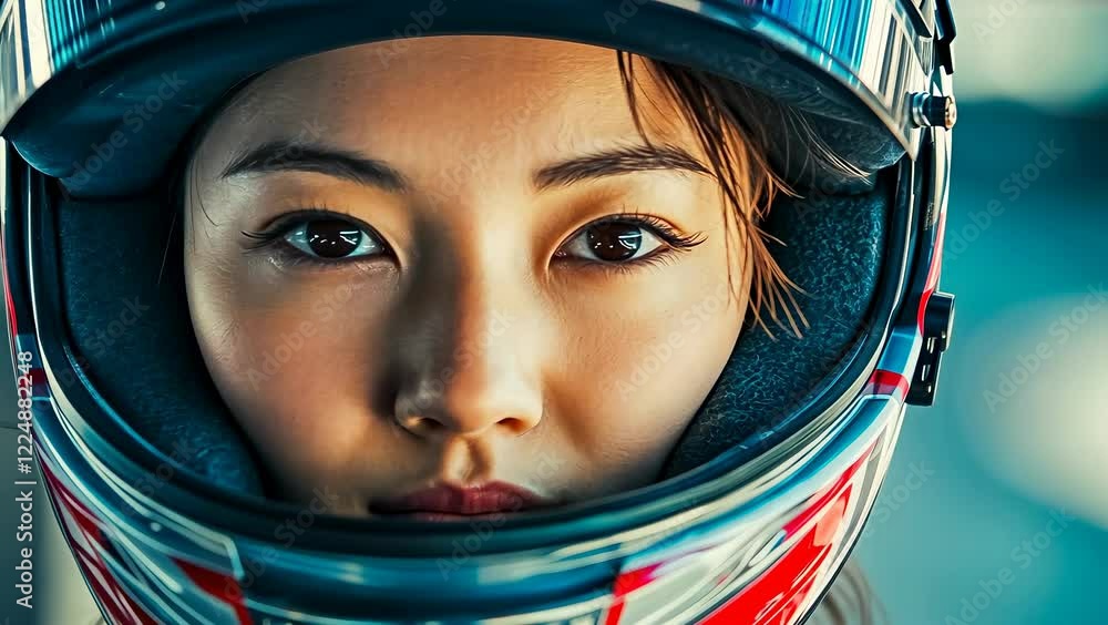 Young Asian female racer gearing up for competition. Athlete adjusts ...