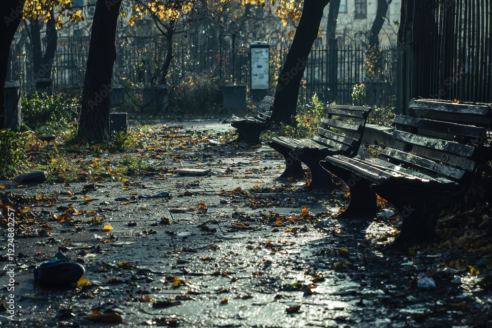 Lonely park pathway with wet ground and fallen leaves in a melancholic setting Lonely park pathway with wet ground and fallen leaves in a melancholic setting
