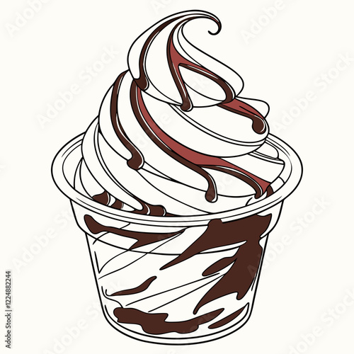 Vanilla soft serve ice cream with chocolate syrup in plastic cup isolated on white background.