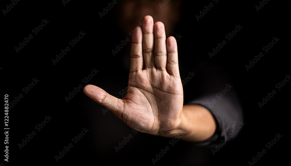 human hand in a stop gesture with palm facing outward, fingers extended, representing caution, warning, and refusal, dramatic lighting and dark background emphasizing the gesture
human hand in a stop gesture with palm facing outward, fingers extended, representing caution, warning, and refusal, dramatic lighting and dark background emphasizing the gesture