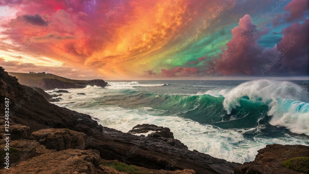 Naklejka premium Psychedelic Ocean Abyss: Vibrant Kaleidoscopic Wallpaper Background