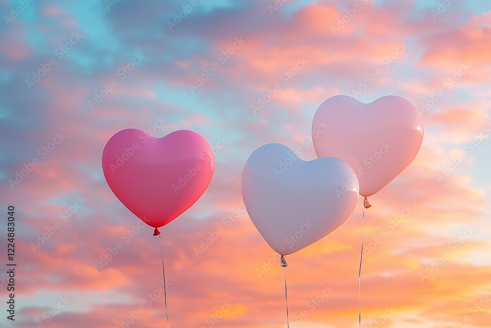 A beautiful trio of heart-shaped foil balloons in pink and white gracefully floating against a vibrant sunset sky. A beautiful trio of heart-shaped foil balloons in pink and white gracefully floating against a vibrant sunset sky.
