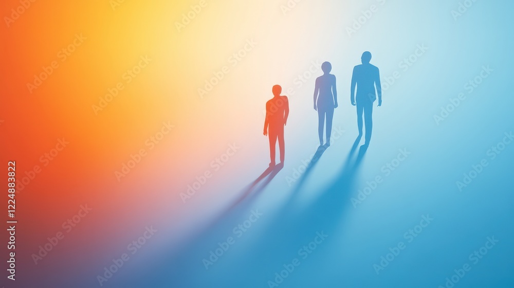 Fototapeta premium Silhouetted figures walking towards a gradient background, symbolizing journey and progress