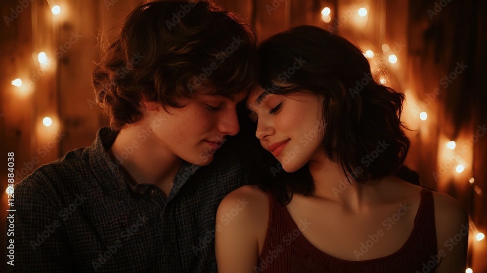 A young couple resting their foreheads together while sitting on the floor, surrounded by dim, romantic lighting. A young couple resting their foreheads together while sitting on the floor, surrounded by dim, romantic lighting.