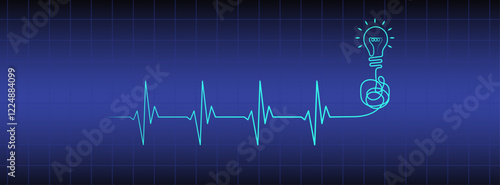 Heart rhythm illustration on blue medical background with lightbulb, heartbeat line vector design to use for healthcare, business, healthy lifestyle, medicine and ekg concept illustration project. 