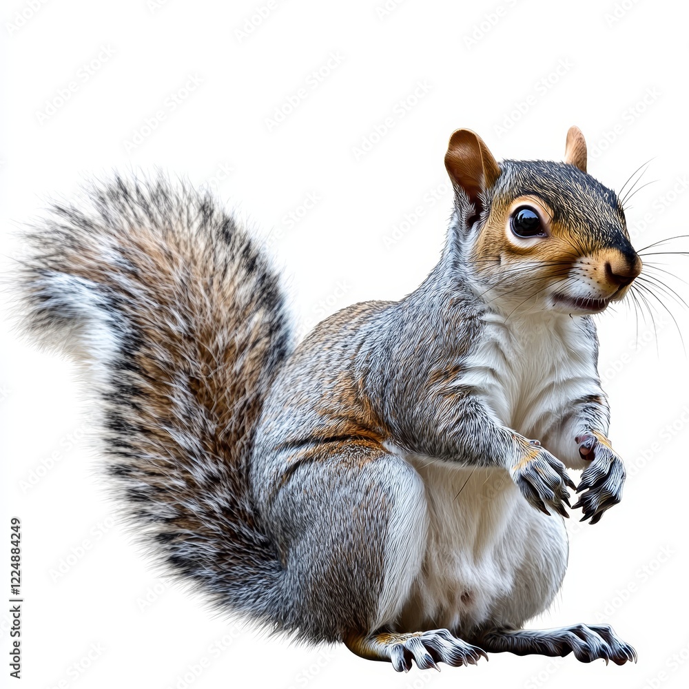 Obraz premium An adorable squirrel isolated on a clean white background with a cut-out effect, showcasing its playful and charming nature, perfect for wildlife, nature, or educational themes.