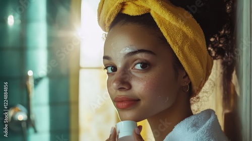 A young woman enjoying a skincare routine, with a towel wrapped around her head and face cream in her hand. photo