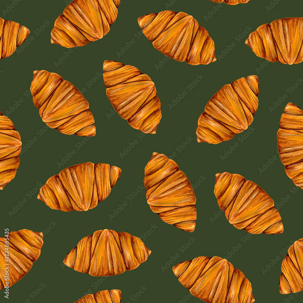 Obraz premium Seamless pattern with watercolor croissants. Food repeating background. Pastry print. Perfect for wallpaper, fabric, wrapping, packaging, stationery, kitchenware decor, crafts, scrapbooking.