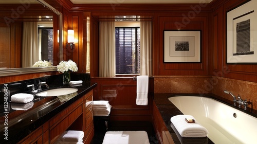 Luxurious NYC hotel bathroom with marble countertop, black granite accents, large mirror, and art deco decor featuring warm beige walls, vintage artwork, and a towel rack by the bathtub.