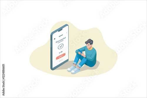 Young man in smartphone transferred, sent money, coins, cash to electronic account on Internet to man. Banking services on web site. Successful transaction. Refill. Guy made profit in finance, budget.
