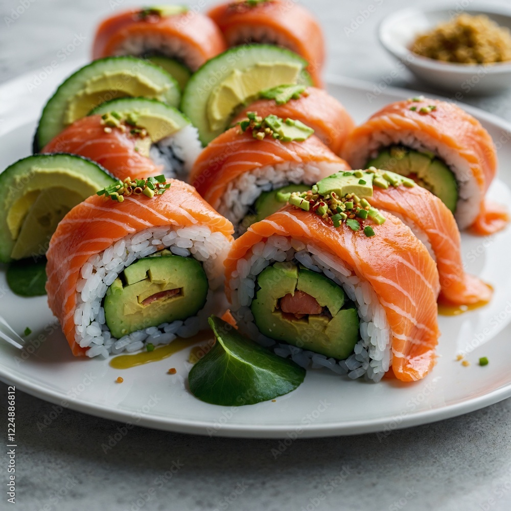 Sleek salmon cucumber avocado sushi rolls adorned with sesame seeds served simply on a dark wood table drizzled with soy sauce in a clean brown-rimmed dish. Sleek salmon cucumber avocado sushi rolls adorned with sesame seeds served simply on a dark wood table drizzled with soy sauce in a clean brown-rimmed dish.