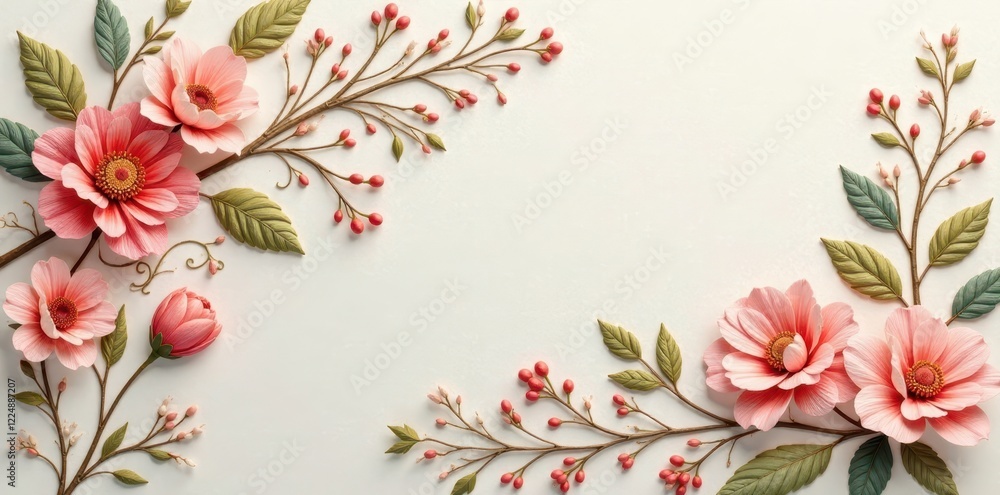 Delicate Paper Flowers Arranged in a Corner Border Design Featuring Soft Pink Blooms and Lush Green Foliage on a Light Cream Background Delicate Paper Flowers Arranged in a Corner Border Design Featuring Soft Pink Blooms and Lush Green Foliage on a Light Cream Background