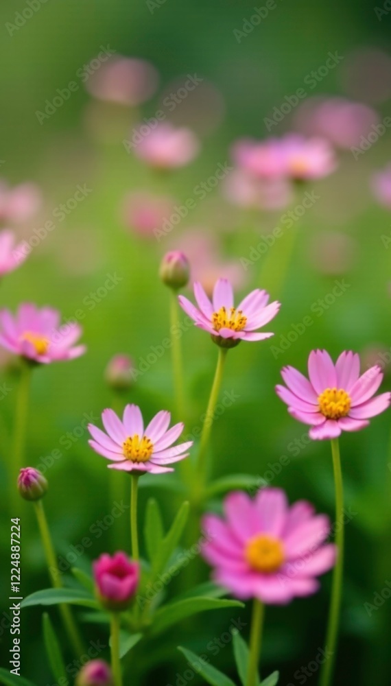 Tiny pink flowers blooming in a bed of green grass, detail, flowers Tiny pink flowers blooming in a bed of green grass, detail, flowers