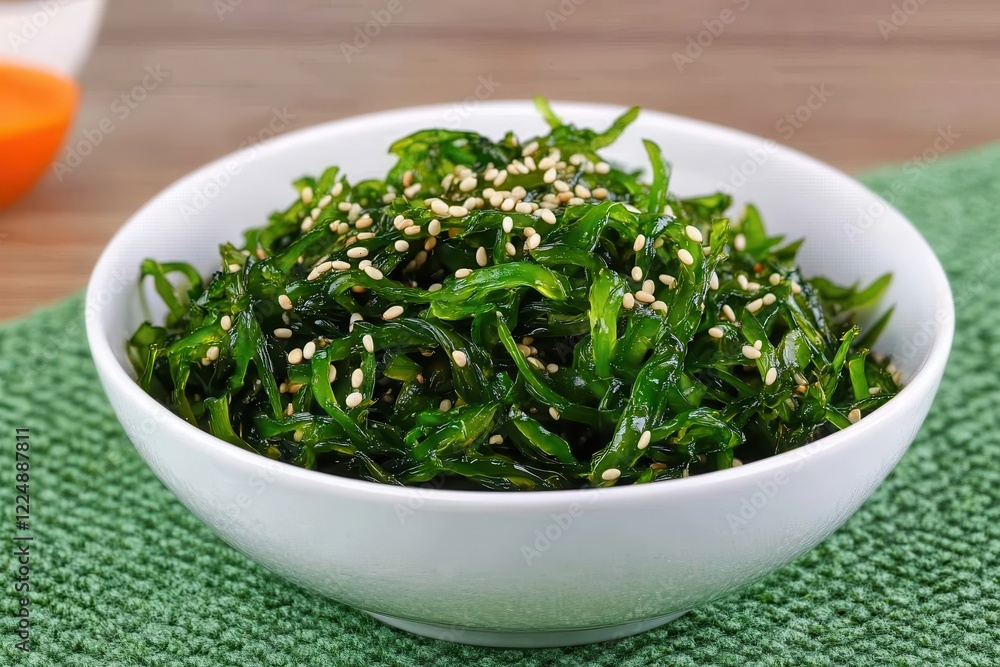 Seaweed is a vegan superfood perfect for a healthy diet. Fresh seaweed salad topped with sesame seeds in a white bowl. Seaweed is a vegan superfood perfect for a healthy diet. Fresh seaweed salad topped with sesame seeds in a white bowl.