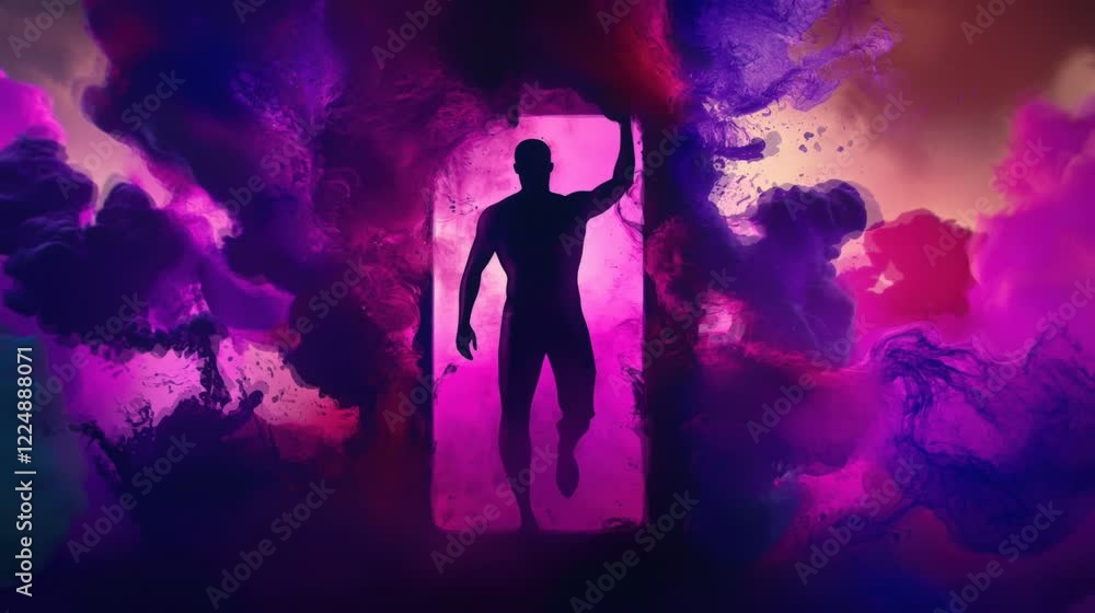 Silhouette figure emerging from vibrant abstract portal, fantasy art Generated AI, 4K Looping Silhouette figure emerging from vibrant abstract portal, fantasy art Generated AI, 4K Looping