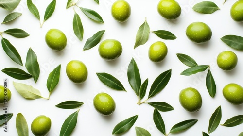 Wallpaper Mural Flat lay of green olives and leaves on white background. Torontodigital.ca
