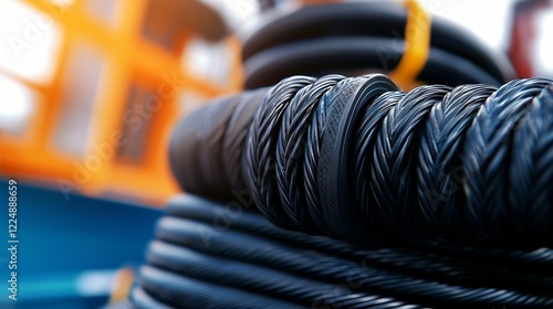 Close-up of Coiled Steel Wire Ropes, Industrial Strength Cables, Construction Site photo