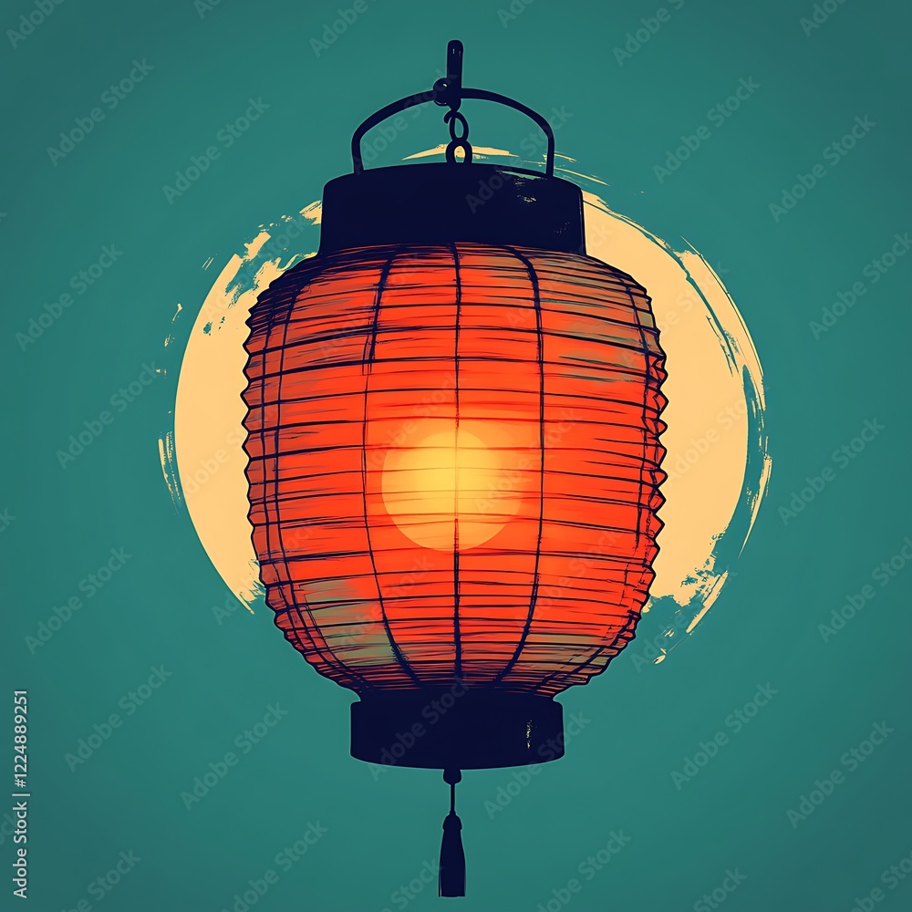Obraz premium Glowing Japanese lantern, night scene, Asian design, peaceful mood, decoration