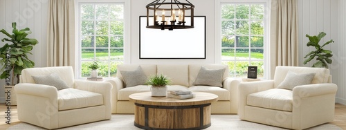 Modern living room with blank painting mockup, neutral beige sofa and armchairs, large window showcasing natural landscape, round coffee table, and hanging chandelier, embodying minimalist home design