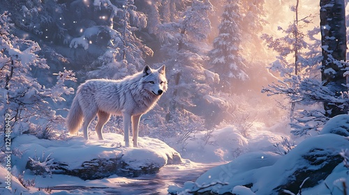 Howling wolf standing misty mountain winter landscape under glowing sunrise surrounded dramatic golden soft light photo