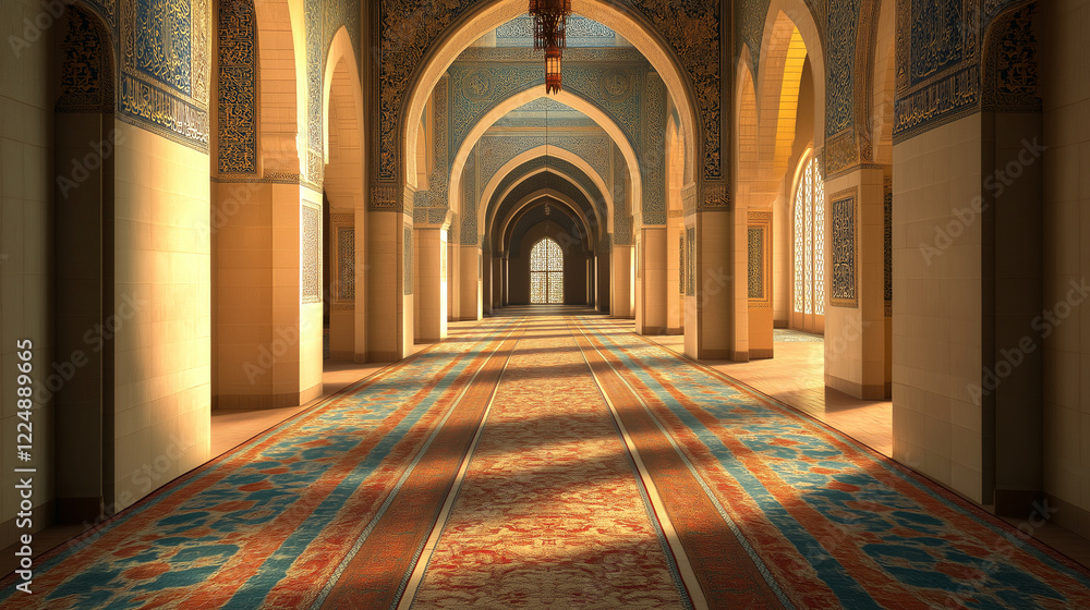 Obraz premium Islamic Mosque Interior Sunlit Corridor with Ornate Arches and Carpets