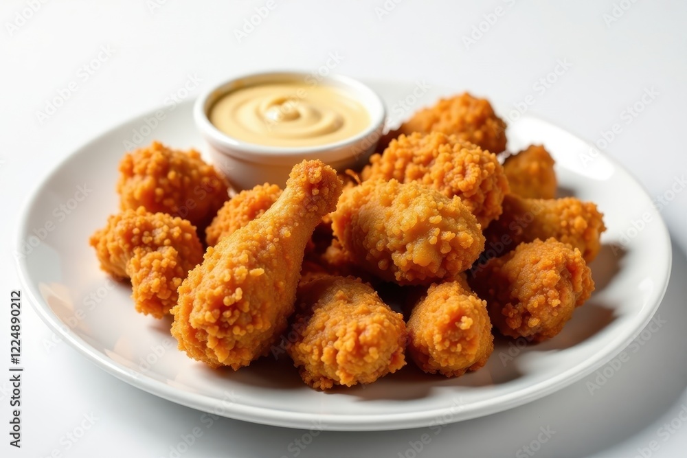 A plate of crispy, golden-brown fried chicken pieces served with a creamy, rich dipping sauce. A plate of crispy, golden-brown fried chicken pieces served with a creamy, rich dipping sauce.