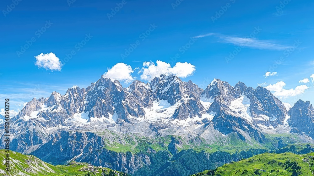 Obraz premium Majestic alpine mountain range under a clear blue sky, panoramic view, perfect for travel brochures