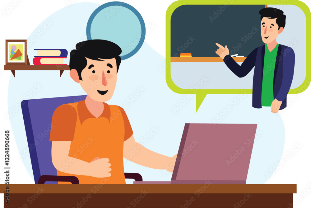 Online Education Virtual Classroom Illustration Depicts students attending a virtual classroom with an interactive teacher on a digital board.