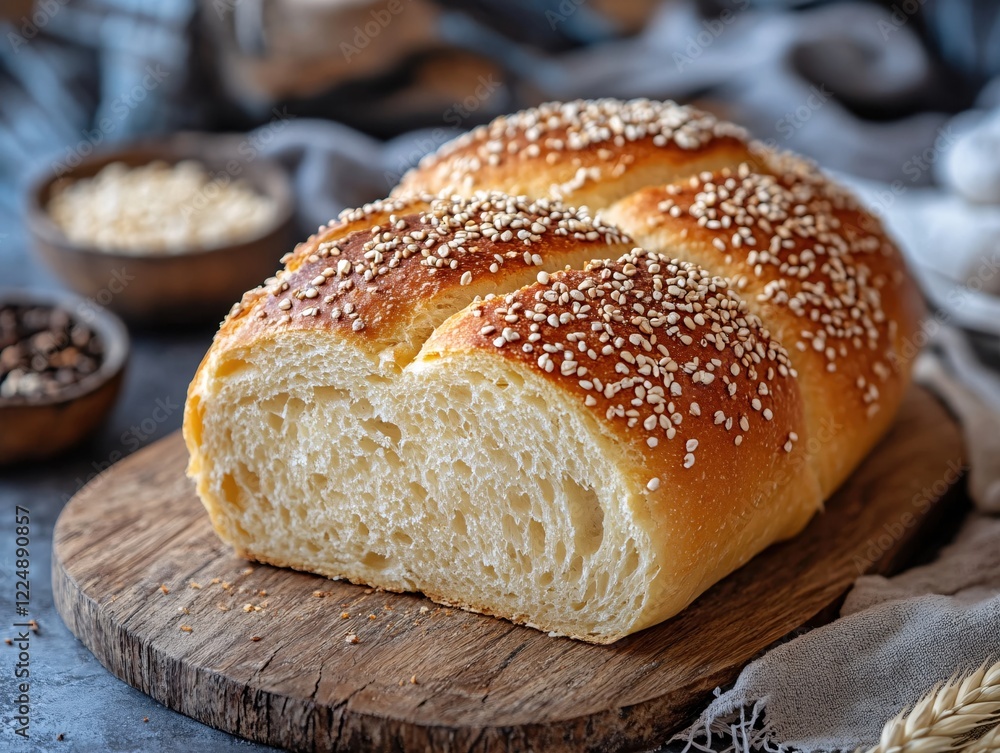 Freshly Baked Golden Bread Loaf with Sesame Seeds on Wooden Board Ready for Serving Freshly Baked Golden Bread Loaf with Sesame Seeds on Wooden Board Ready for Serving