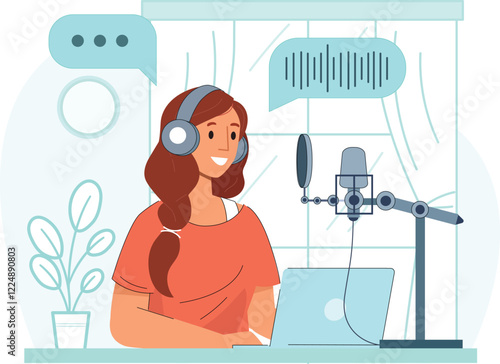 Solo Podcast Recording Session Illustration Woman Speaking into Microphone Highlights a woman recording a podcast in a cozy, soundproof studio.