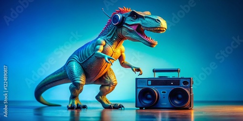 Fototapeta Naklejka Na Ścianę i Meble -  Retro Dinosaur: Tyrannosaurus Rex with Boombox & Headphones - Minimalist Blue Background Stock Photo