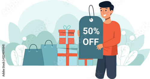 Shopping Discount Offer Promotion Illustration Shows a lively shopping scene with banners displaying special discounts and happy shoppers.