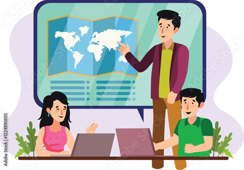 Virtual Education Online Course Illustration Shows a person studying through an online course with engaging visuals on a laptop.