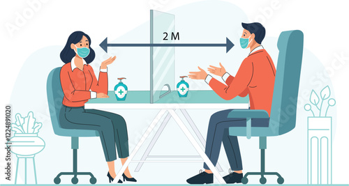 Workplace Safety During Pandemic Social Distancing and Mask Use Illustrated Promotes workplace safety by illustrating people maintaining distance and wearing masks.