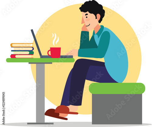 Casual Home Office Setup Illustration Man Working at His Laptop with Coffee Shows a man in a cozy home office working on his laptop, accompanied by a cup of coffee.