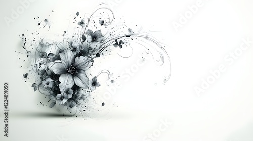 Abstract grayscale floral design with swirling elements and splash effect on white background.