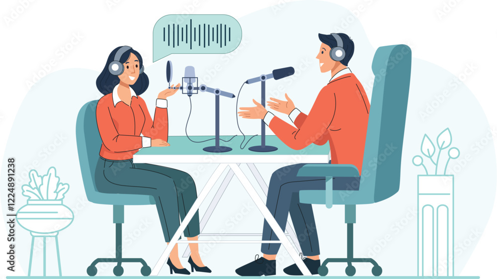 Engaging Podcast Session Illustration Man and Woman Discussing on Air Features a man and woman recording a lively podcast with microphones and a professional setup. Engaging Podcast Session Illustration Man and Woman Discussing on Air Features a man and woman recording a lively podcast with microphones and a professional setup.