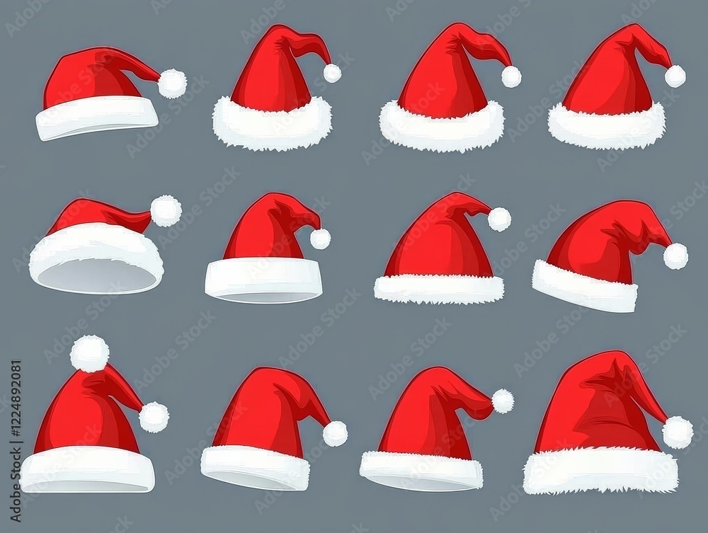Various angles of festive Santa hats against a clear background. Various angles of festive Santa hats against a clear background.