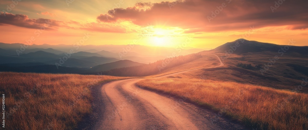 Serene Road Under a Golden Sunset in Rolling Hills Serene Road Under a Golden Sunset in Rolling Hills