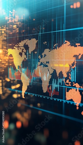Global Stock Market Trends Dynamic Chart Analysis with Data Points on World Map, High Definition