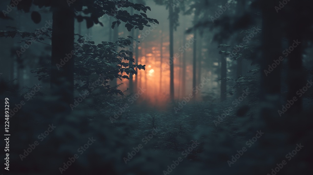 Fototapeta premium Enchanting forest bathed in early morning mist, with soft sunlight breaking through the trees, creating a magical and serene atmosphere that captures the tranquil beauty of nature at dawn.