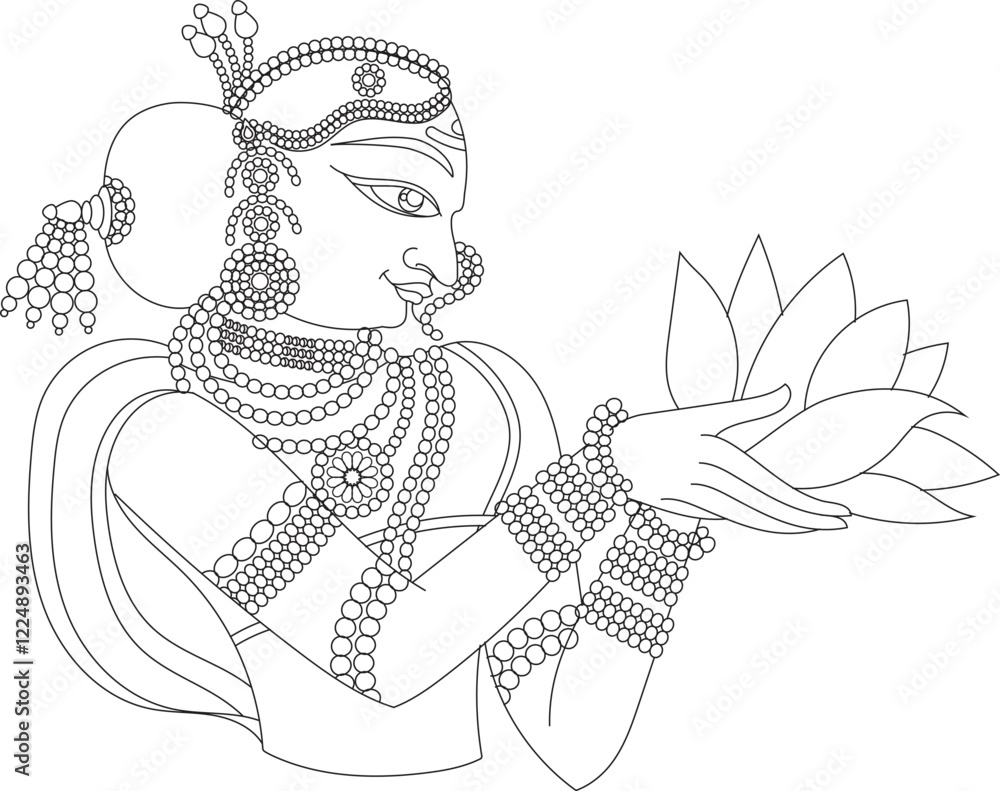 Fototapeta premium Lord's Gopika, Sevika, or lady servants have been drawn in Indian folk art in Kalamkari style. for textile printing, logo, wallpaper