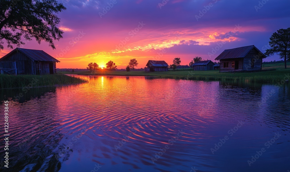 Here's a 10-word description of the image: Serene sunset reflects Here's a 10-word description of the image: Serene sunset reflects