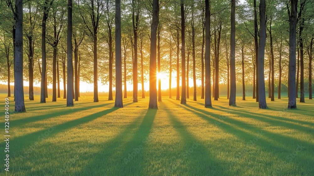 Obraz premium Enchanting forest bathed in early morning mist, with soft sunlight breaking through the trees, creating a magical and serene atmosphere that captures the tranquil beauty of nature at dawn.