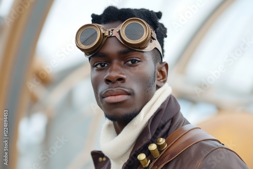 Portrait of a steampunk pilot wearing goggles and leather jacket, standing in a futuristic environment photo